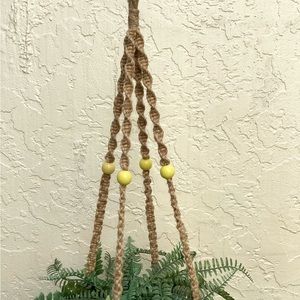 Plant Hanger Hand Crafted Tan Jute Yellow Beads Botanical Terrarium Macrame